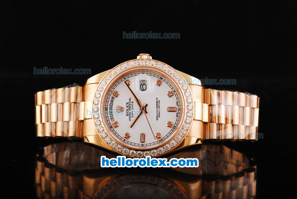 Rolex Day Date II Automatic Movement Full Rose Gold with Diamond Bezel-Diamond Markers and White Dial - Click Image to Close